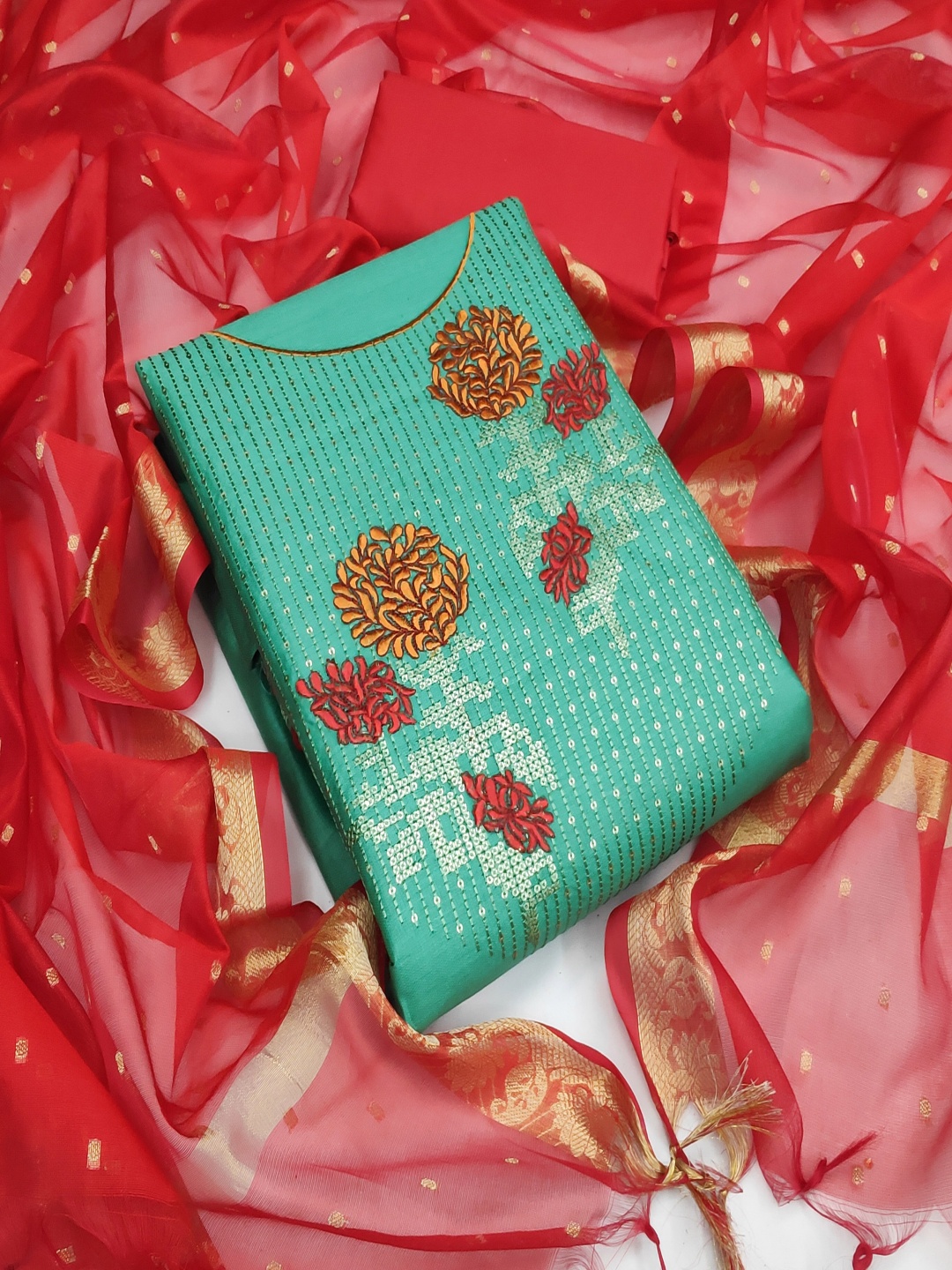 

HERE&NOW Floral Embroidered Thread Work Unstitched Dress Material, Turquoise blue