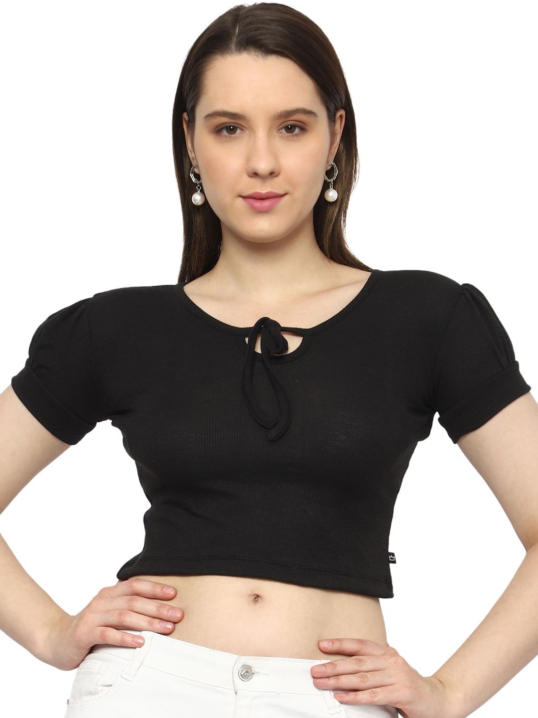 

ROARERS Tie-Up Neck Puff Sleeve Top, Black