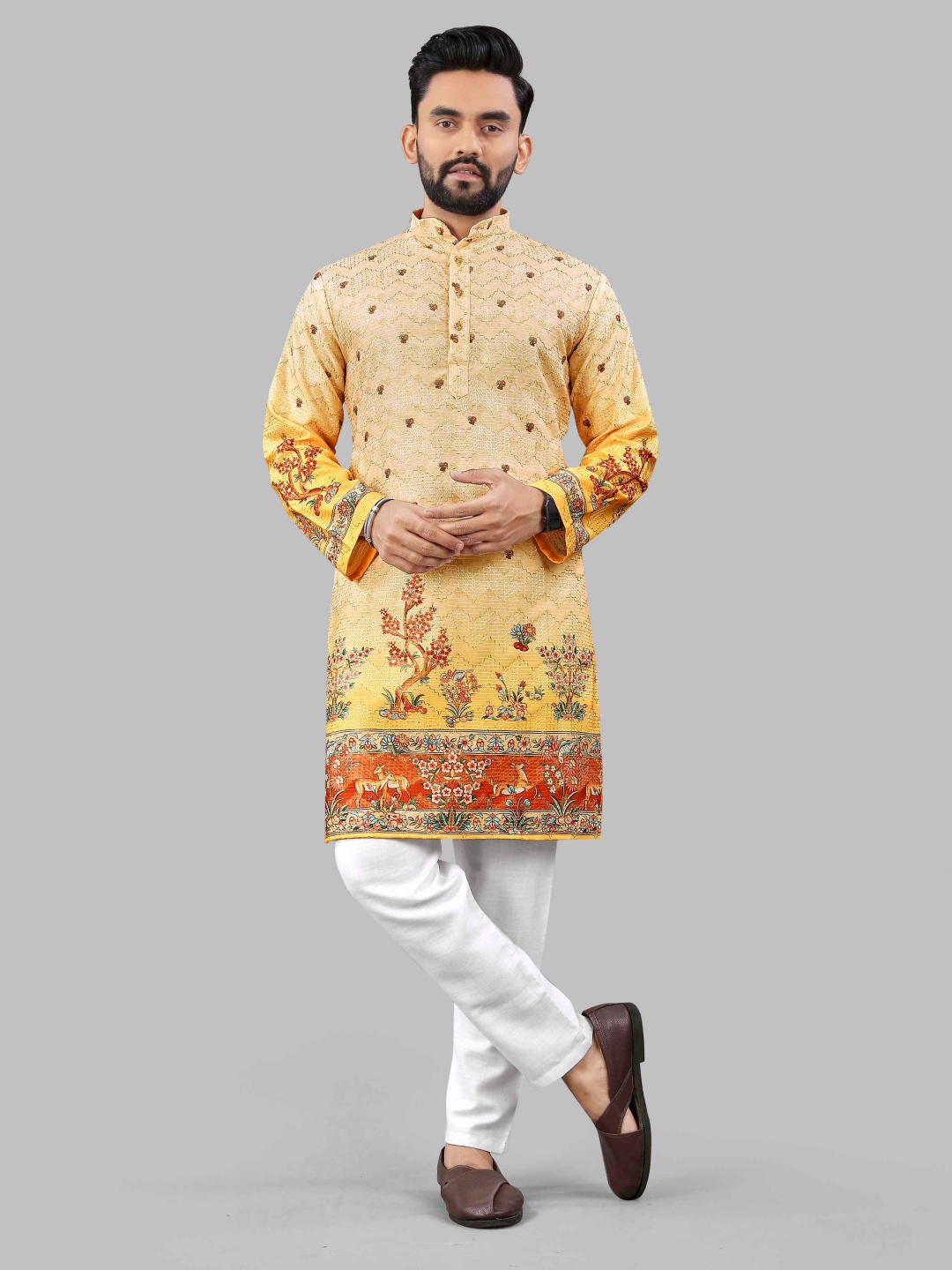 

LADY BERRY Floral Printed Band Collar Sequinned Straight Kurta, Orange