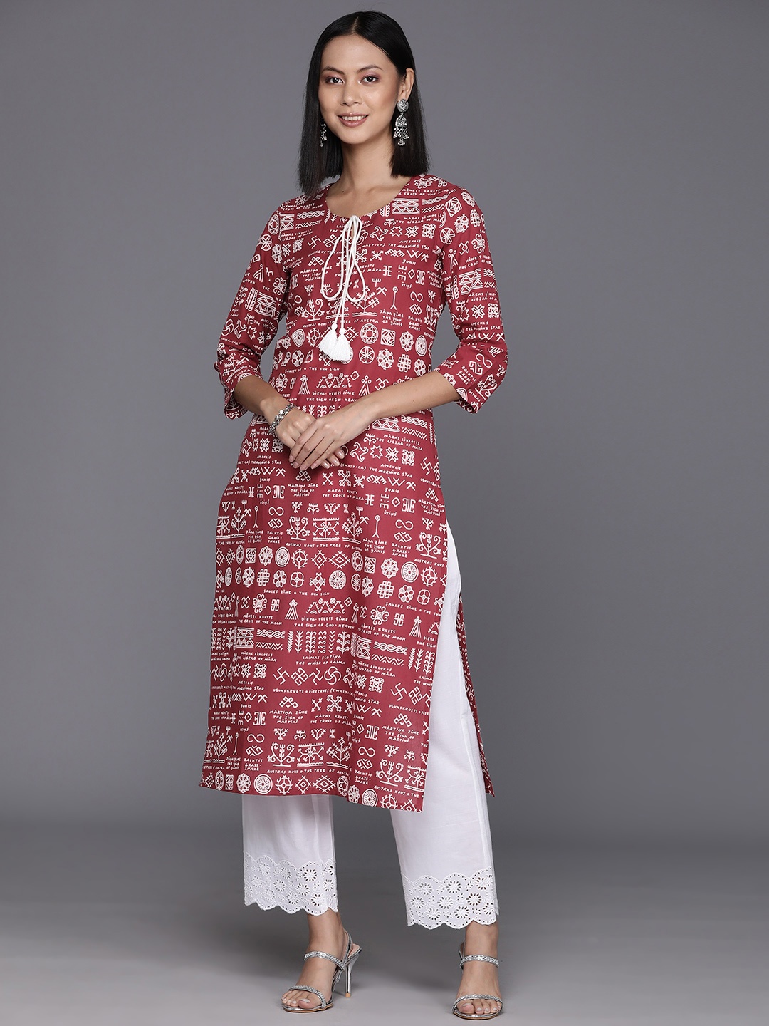 

KSUT Geometric Printed Tie-Up Neck Cotton Straight Kurta, Maroon