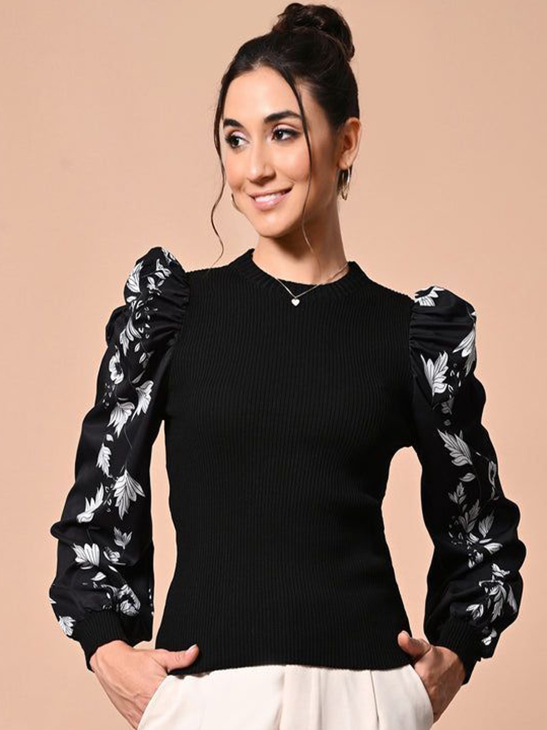 

PANKH Floral Printed Round Neck Puffed Sleeve Top, Black