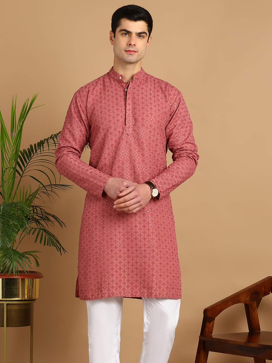 

PulseIQ Geometric Embroidered Band Collar Sequinned Straight Kurta, Pink