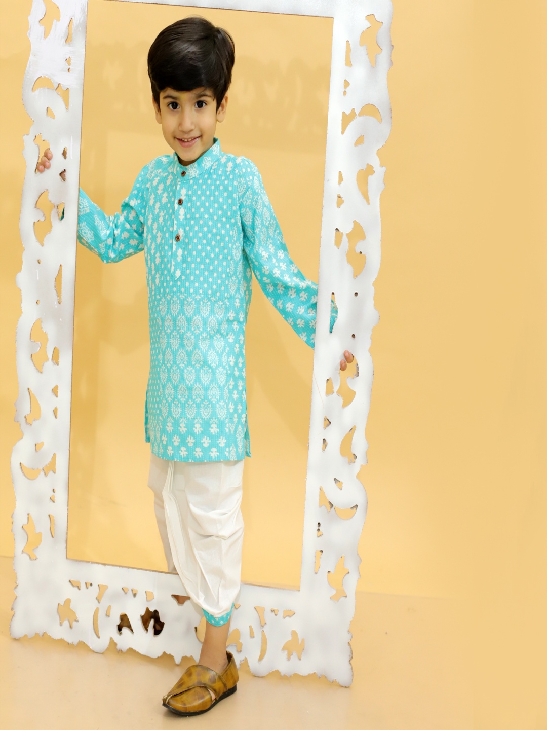 

MoMaa Boys Printed Regular Pure Cotton Kurta with Dhoti Pants, Turquoise blue