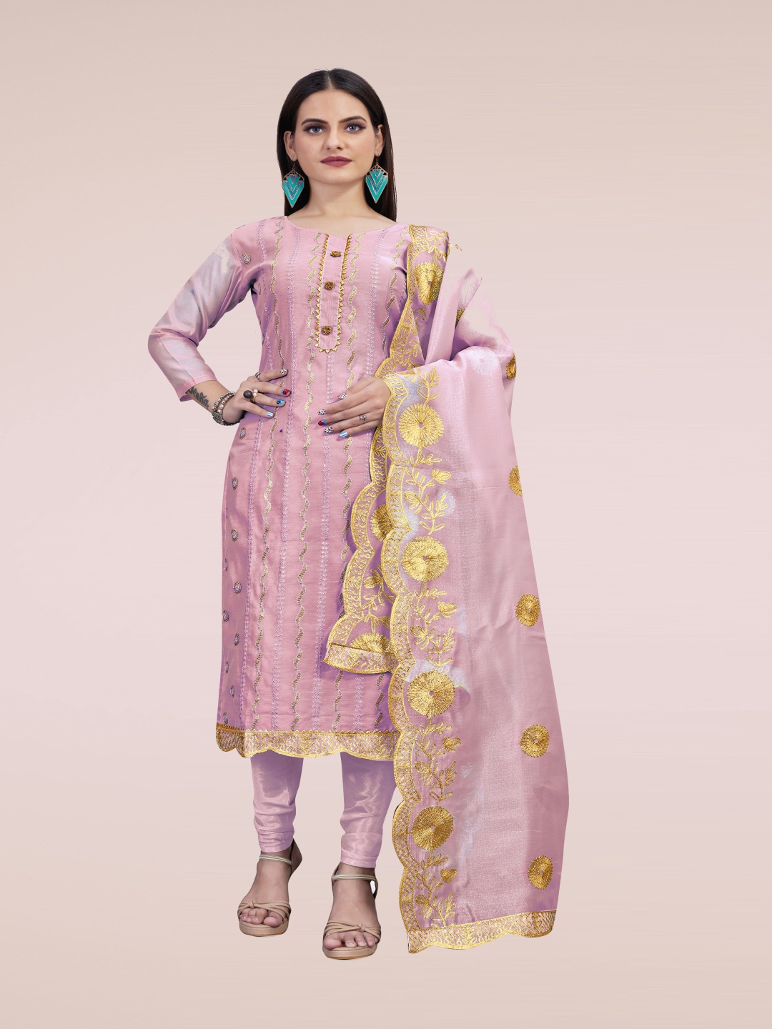 

HERE&NOW Floral Embroidered Sequinned Unstitched Dress Material, Pink