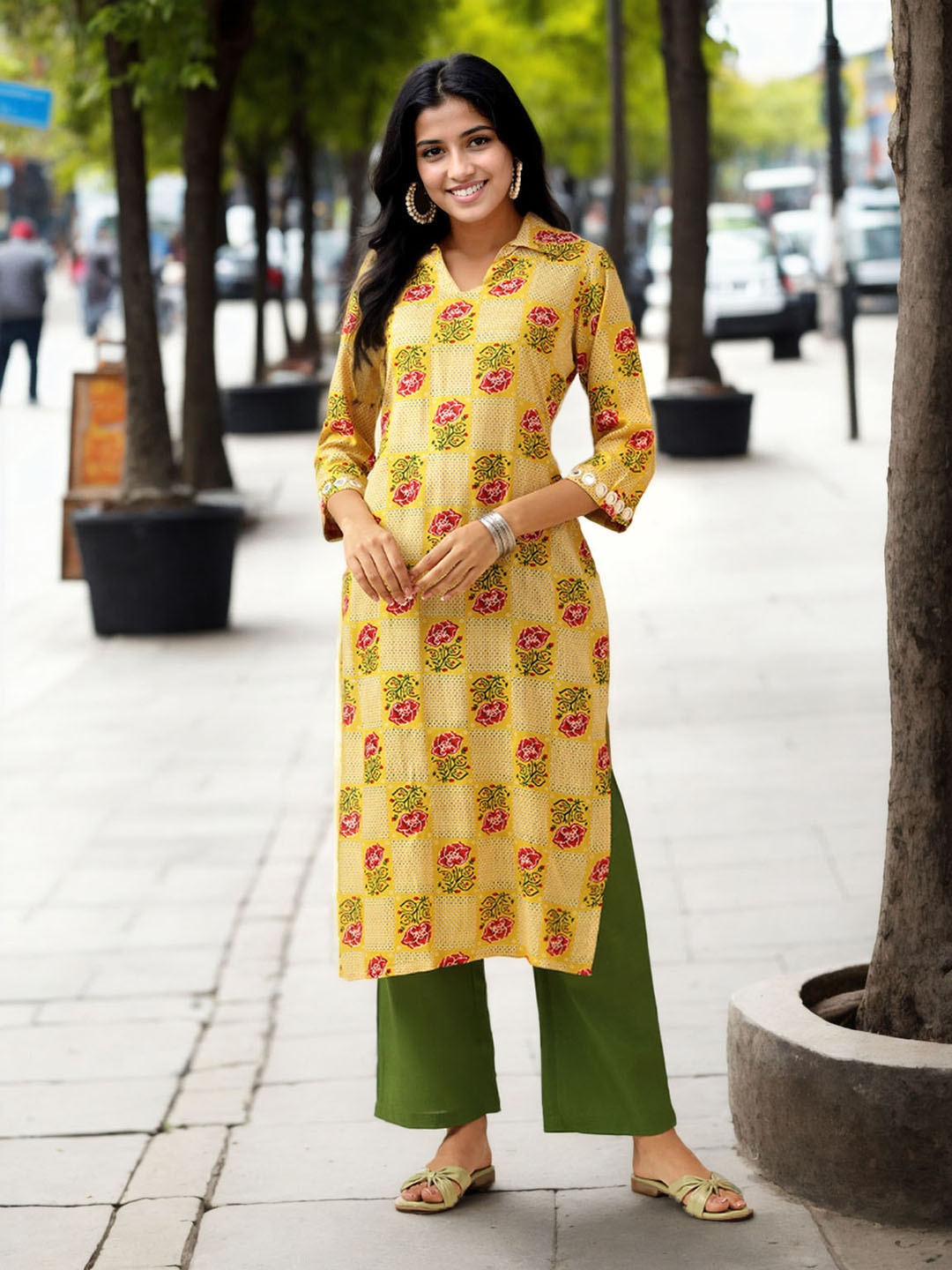 

Moda Rapido Women Floral Printed Regular Kurta with Palazzos, Yellow