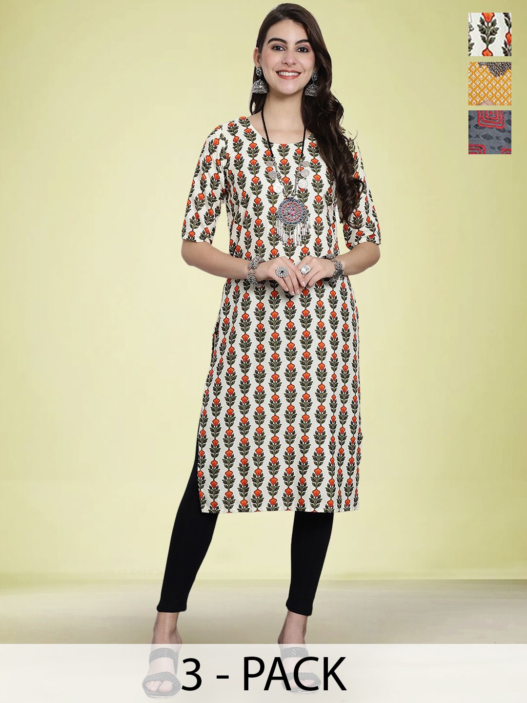 

Moda Rapido Selection Of 3 Floral Printed Round Neck Straight Kurtas, Off white