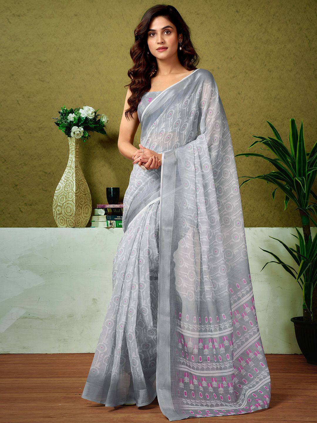 

all about you Ethnic Motifs Pure Linen Ready to Wear Tussar Saree, Grey