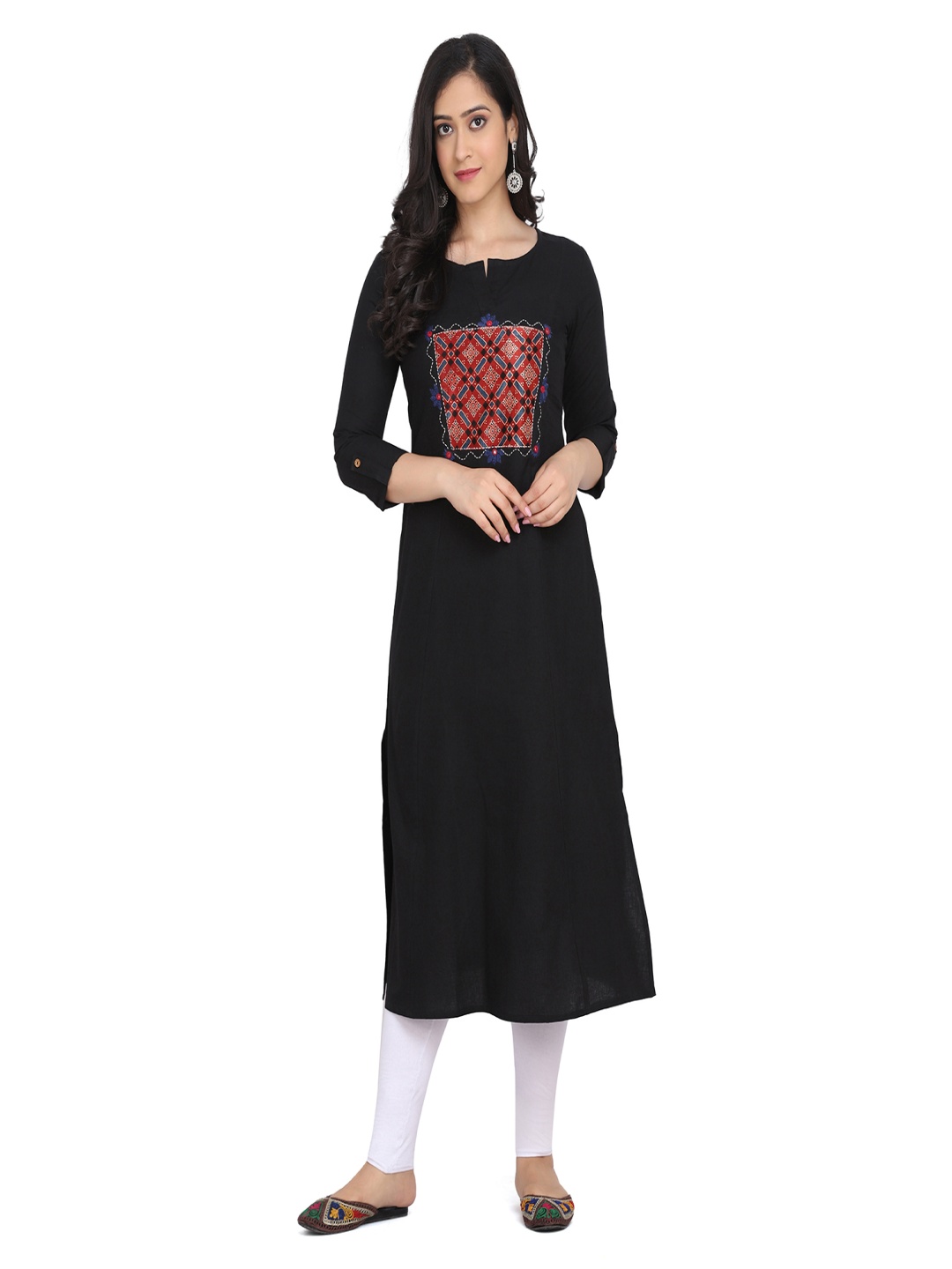 

KALINI Geometric Printed Thread Work Pure Cotton Straight Kurta, Black