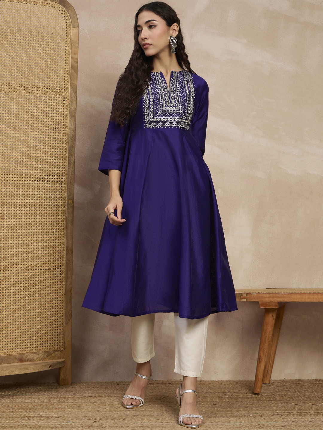 

all about you Floral Yoke Design Sequinned Chanderi Silk Anarkali Kurta, Purple