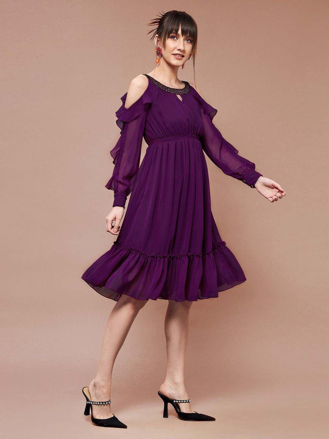 

all about you Cold-Shoulder Georgette A-Line Dress, Purple