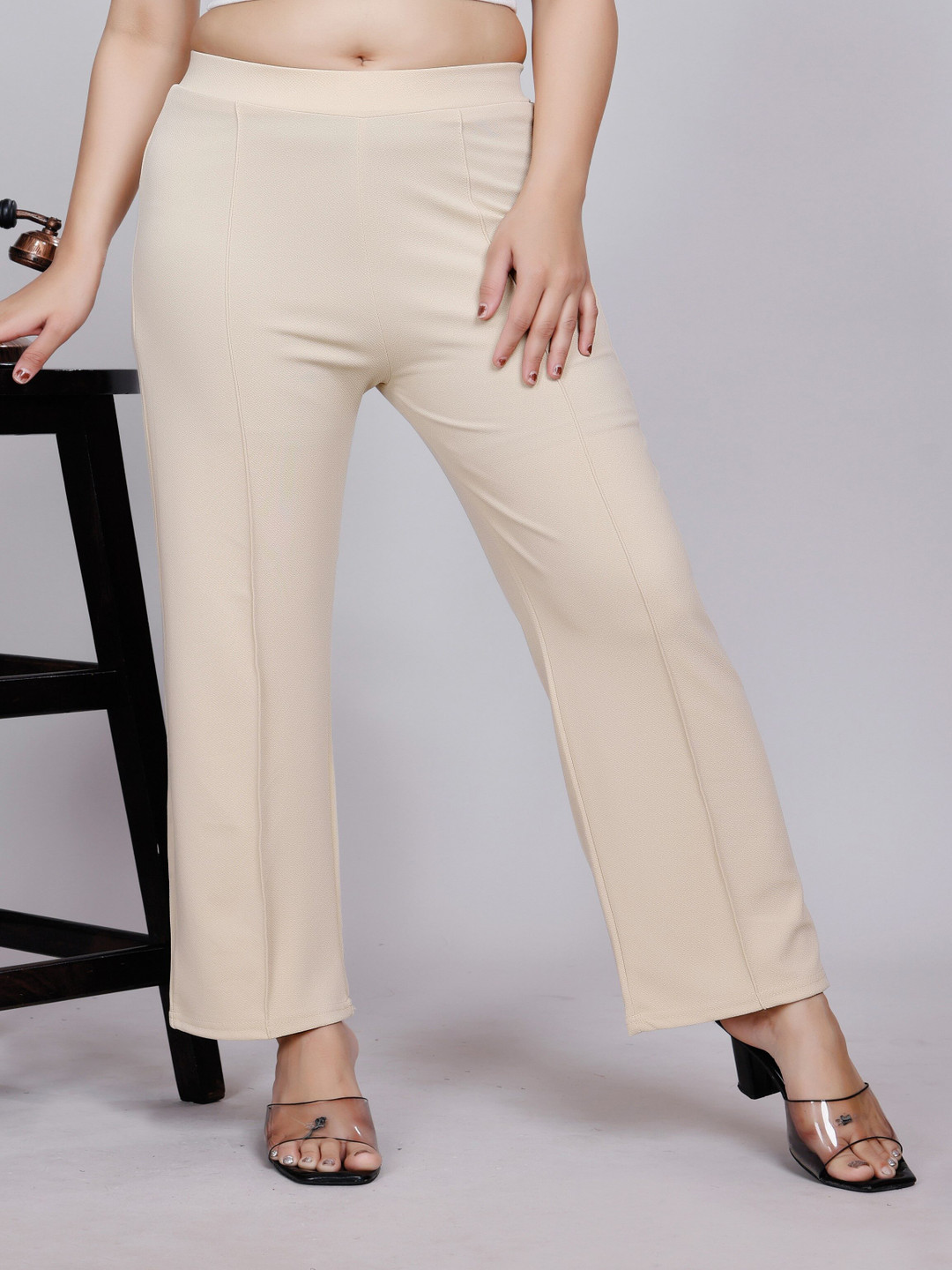 

NUCOUTHS Women Relaxed Straight Leg Straight Fit High-Rise Trousers, Beige