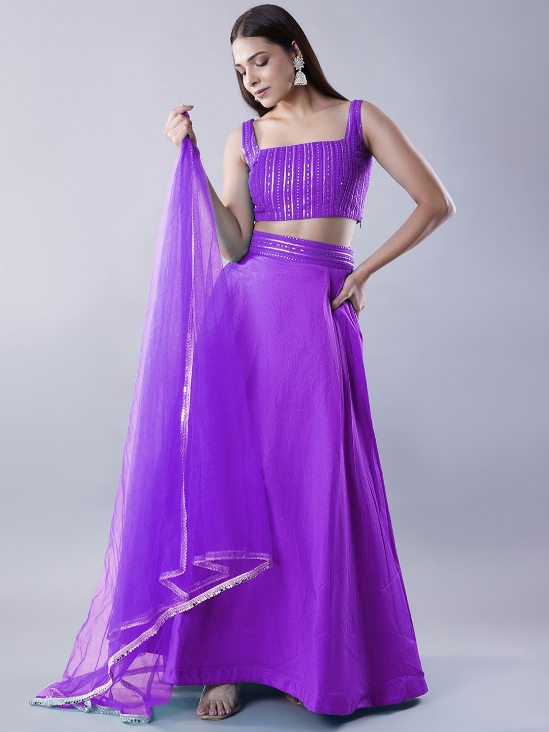 

Utsav Fashion Embroidered Sequinned Shibori Ready to Wear Lehenga & Choli With Dupatta, Purple