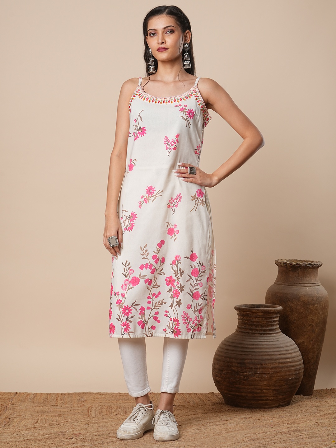 

FASHOR Ethnic Motifs Printed Shoulder Strap Straight Cotton Kurta, Off white