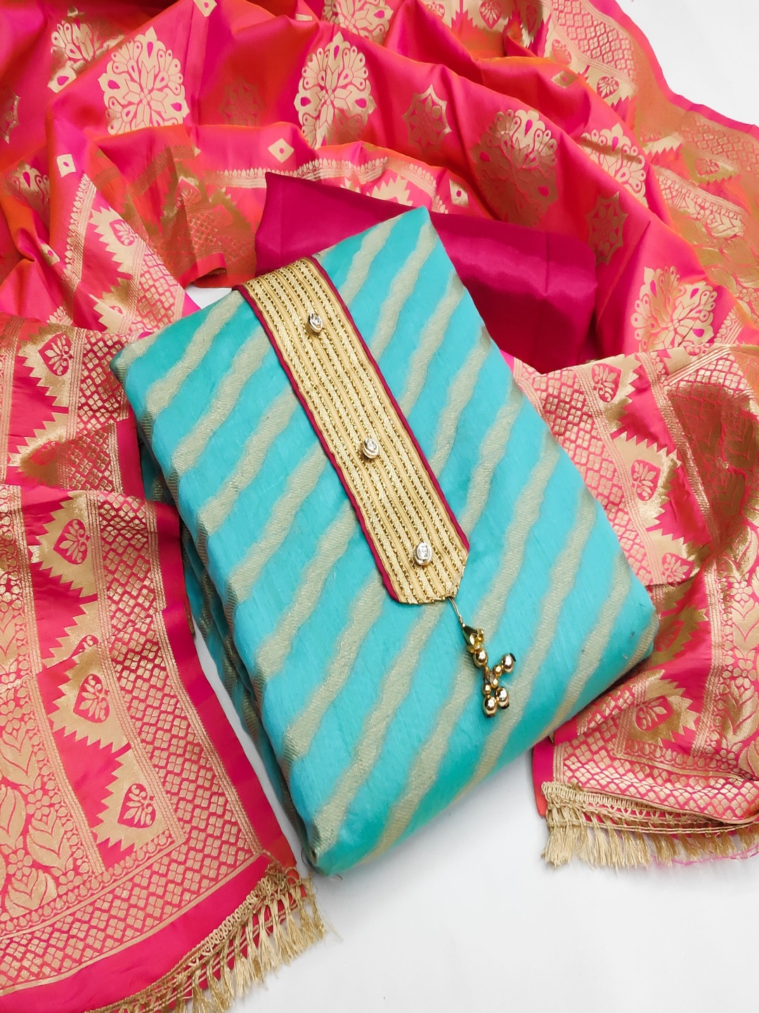 

HERE&NOW Leheriya Woven Design Banarasi Unstitched Dress Material, Turquoise blue