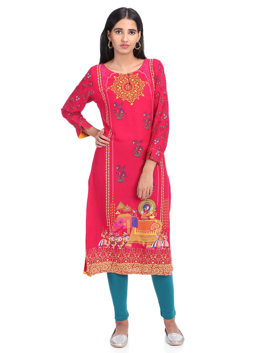 

Rangriti Ethnic Motifs Printed Keyhole Neck Kurta, Pink