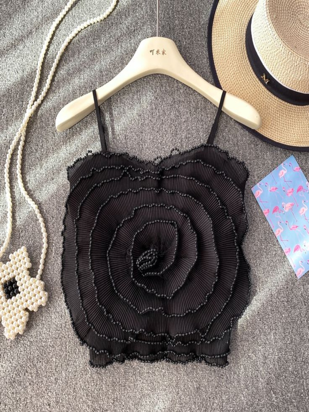 

PANKH Frankie Shoulder Straps Pearl Self Design Beading Rose Crop Top, Black