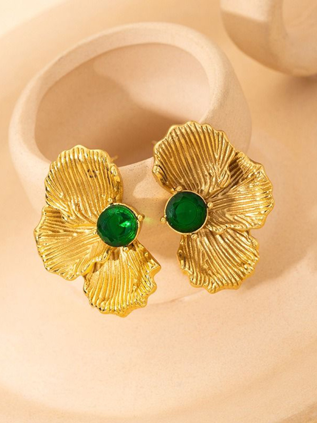 

VIEN Stainless Steel Gold-Plated Artificial Stones Studded Floral Shaped Drop Earrings