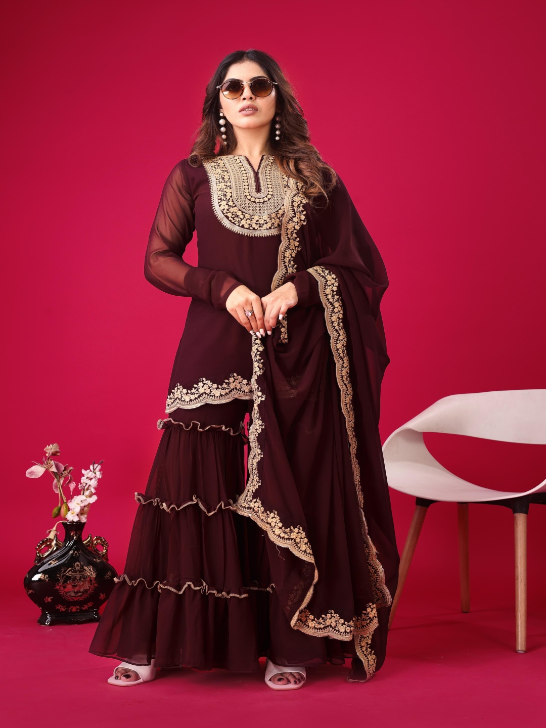 

KALINI Women Ethnic Motifs Embroidered Regular Sequinned Kurti with Sharara & With Dupatta, Brown