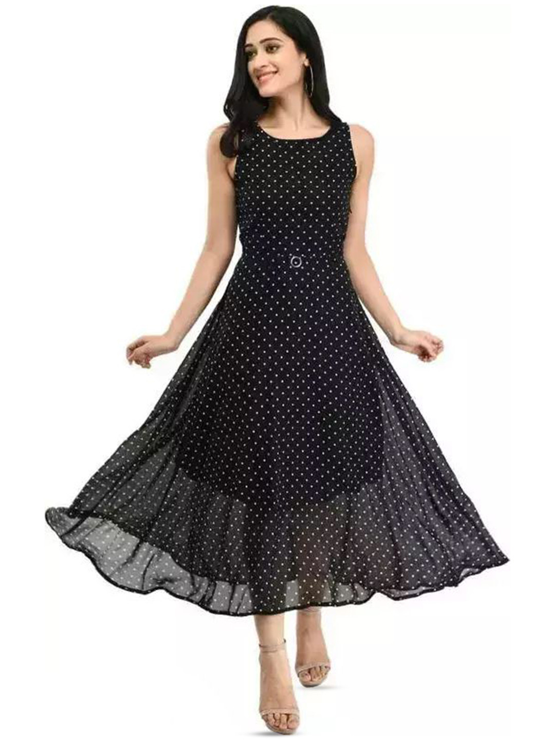 

SHAHVEER CREATION Print Georgette A-Line Midi Dress, Black