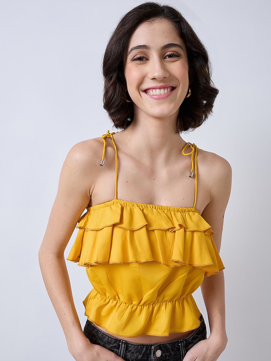 

SZN Off-Shoulder Cinched Waist Crop Top, Yellow