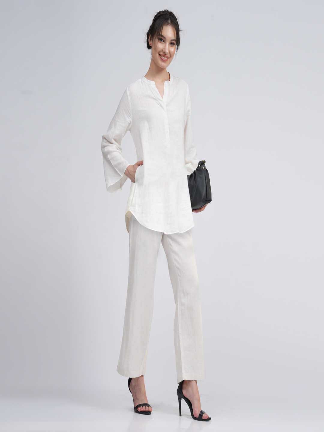 

Saltpetre Bell Sleeves Linen Short Tunic With Pants Co-Ord Set, Cream