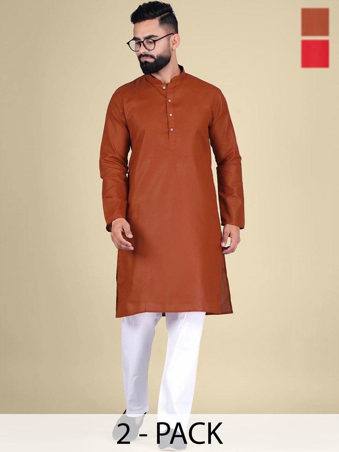 

Moda Rapido Selection Of 2 Mandarin Collar Straight Kurtas, Brown