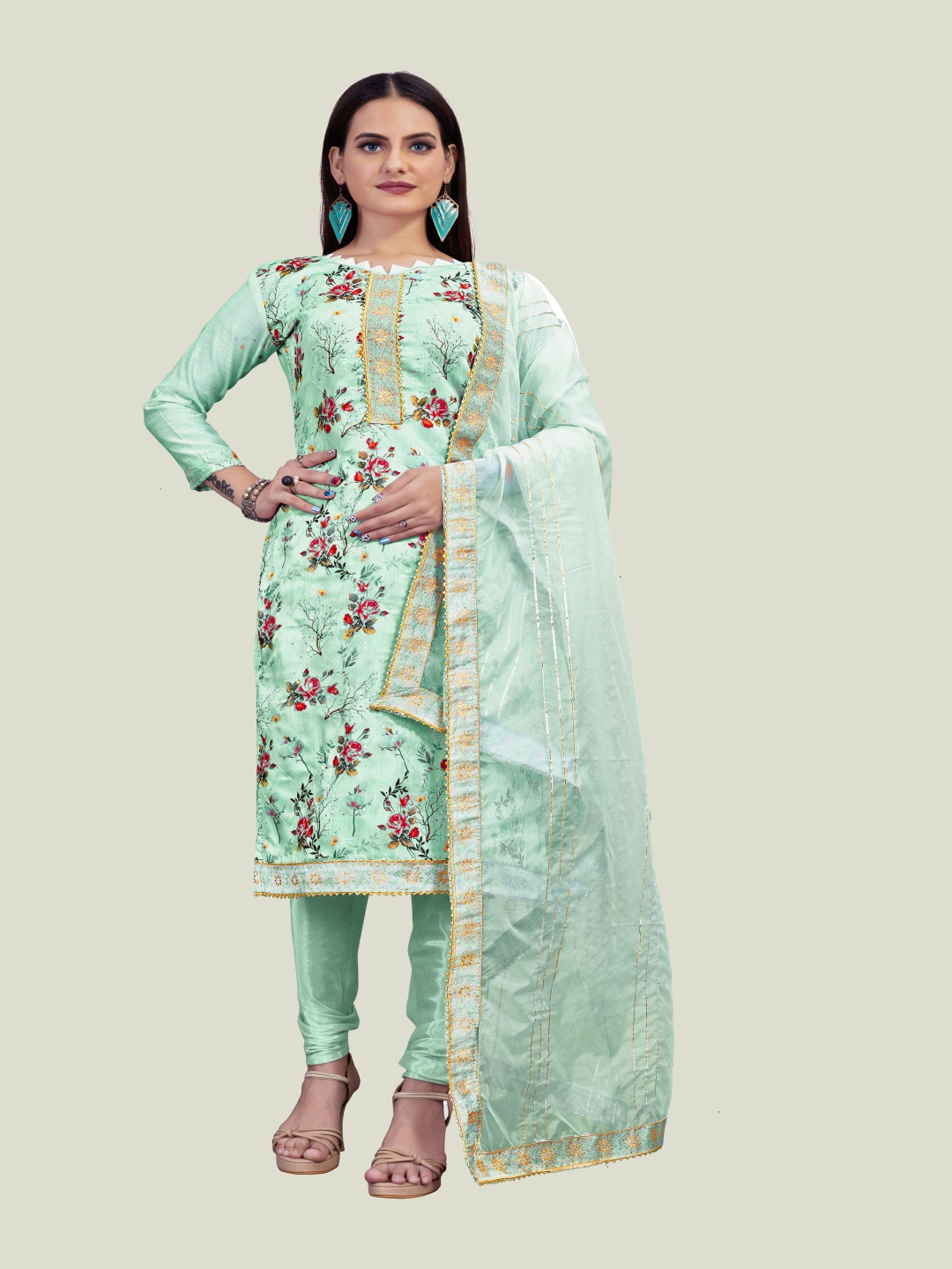 

HERE&NOW Floral Printed Unstitched Dress Material, Sea green