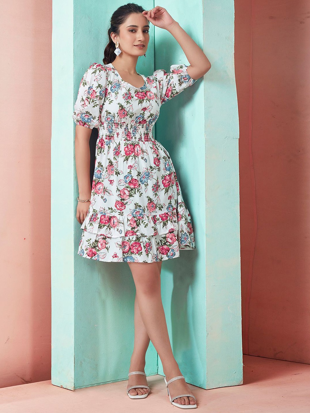 

Moda Rapido Floral Print Puff Sleeve A-Line Mini Dress, White