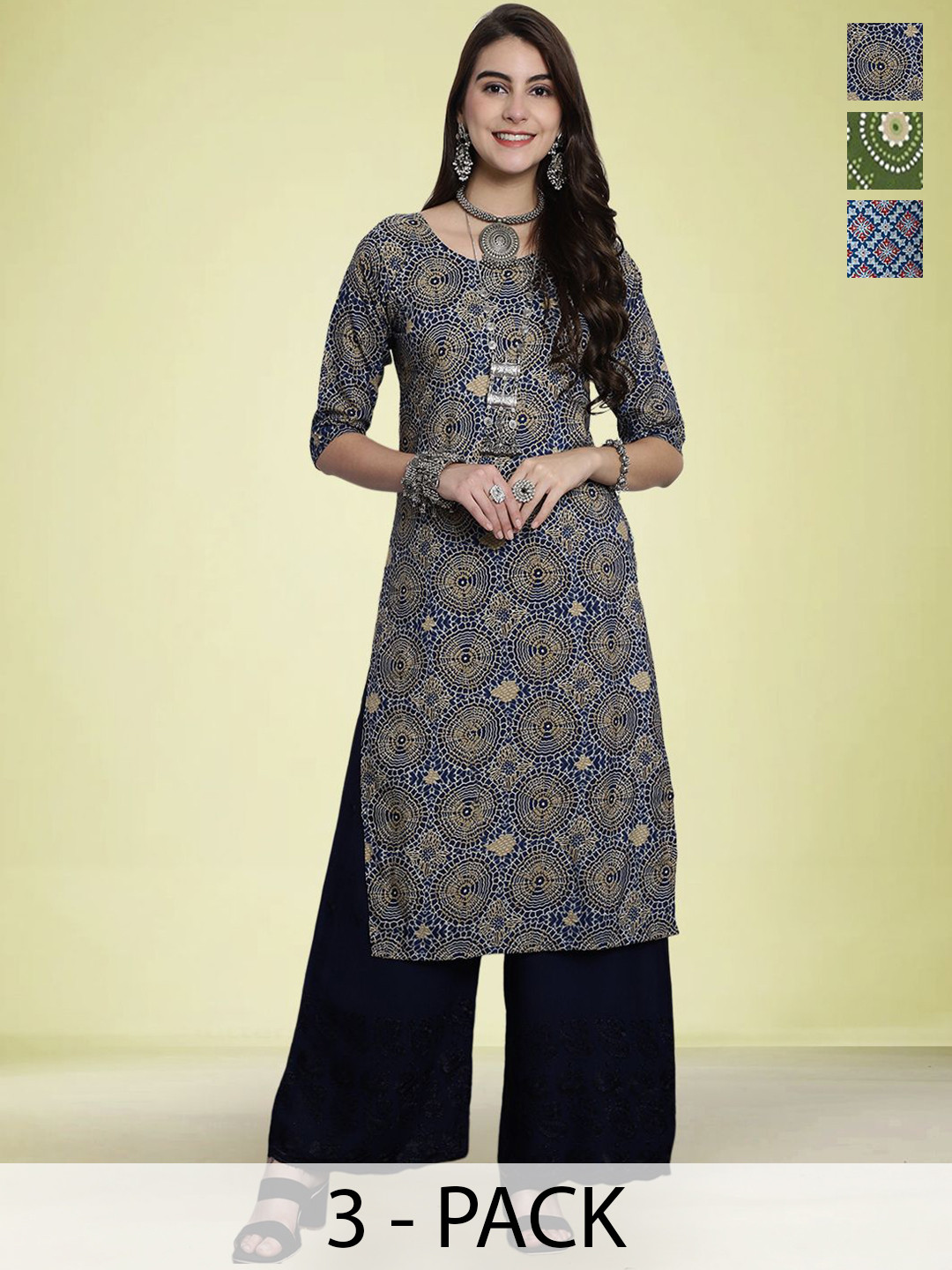 

Moda Rapido Selection Of 3 Floral Printed Round Neck Straight Kurtas, Blue