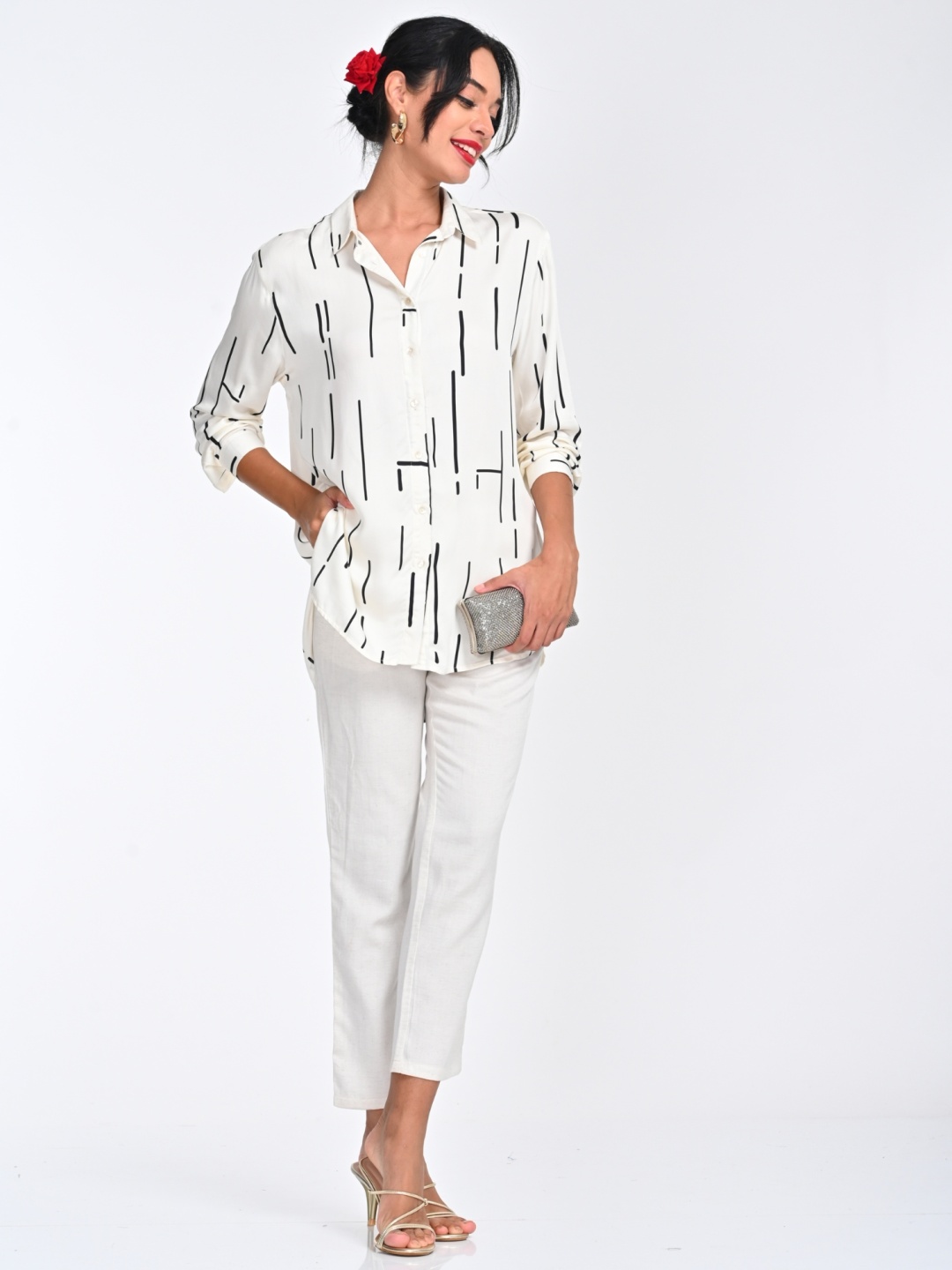 

Saltpetre Women Cream Cedar Print Button Down Shirt & Tapered Pants Co-Ords
