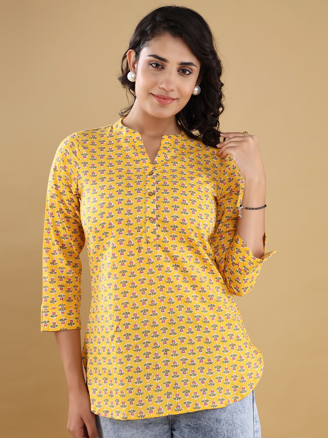 

VASVI Floral Print Mandarin Collar Cotton Top, Yellow