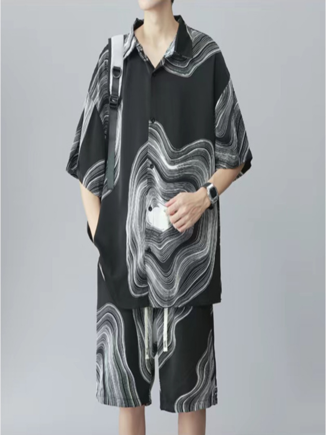 

HERE&NOW Abstract Printed Shirt Collar Neck Shirt With Shorts, Black