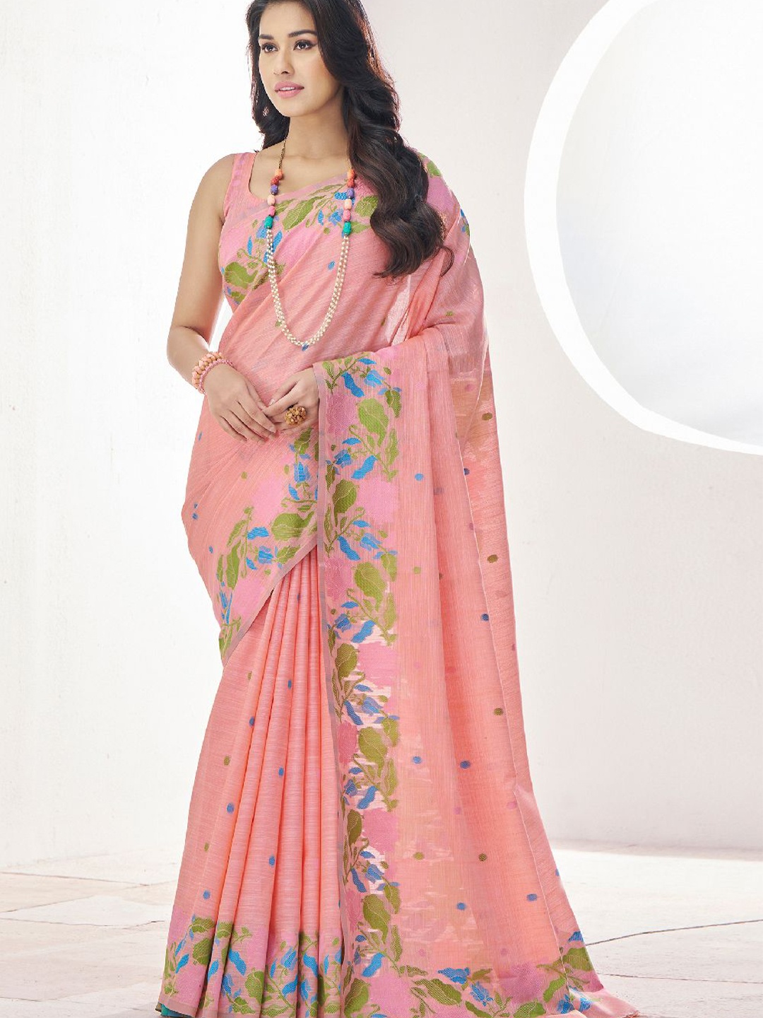 

DIVASTRI Floral Linen Blend Designer Saree, Peach