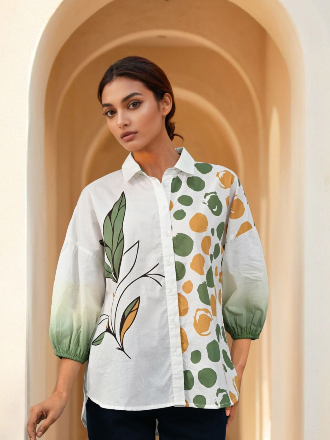 

Zolo Label Geometric Print Cotton Top, White