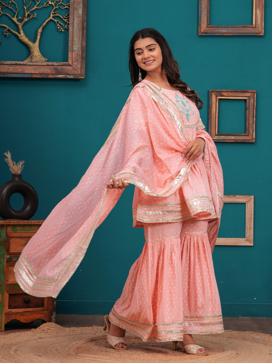 

PINGAKSH Women Floral Embroidered Pleated Pure Cotton Kurta with Sharara & With Dupatta, Peach