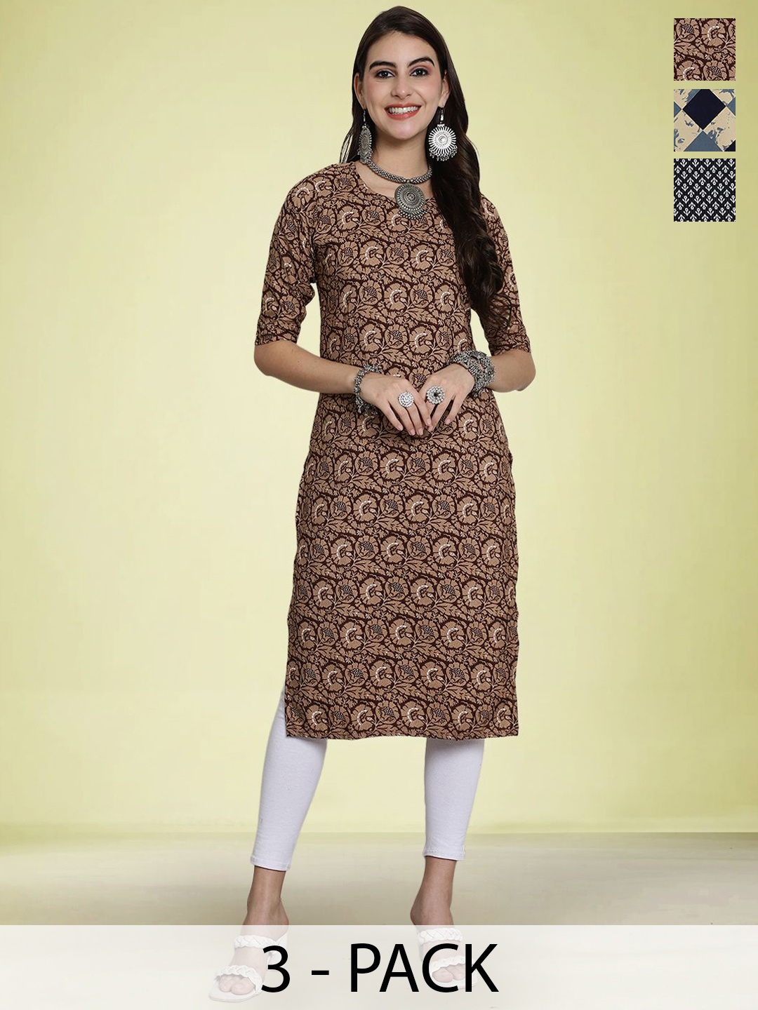 

Moda Rapido Selection Of 3 Floral Printed Round Neck Straight Kurtas, Brown