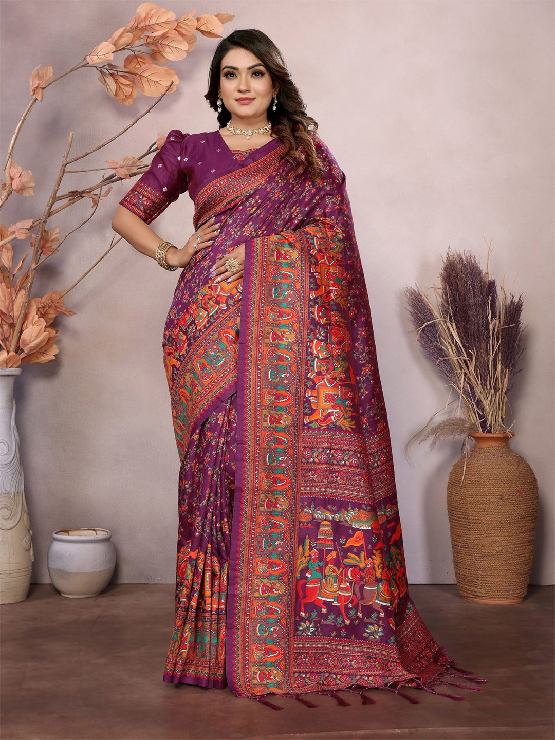 

DIVASTRI Ethnic Motifs Zari Silk Blend Saree, Purple