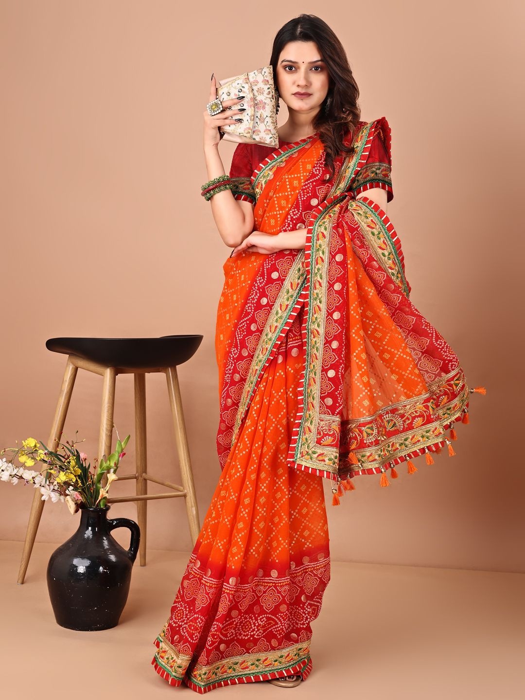 

DIVASTRI Bandhani Gotta Patti Poly Georgette Bandhani Saree, Orange