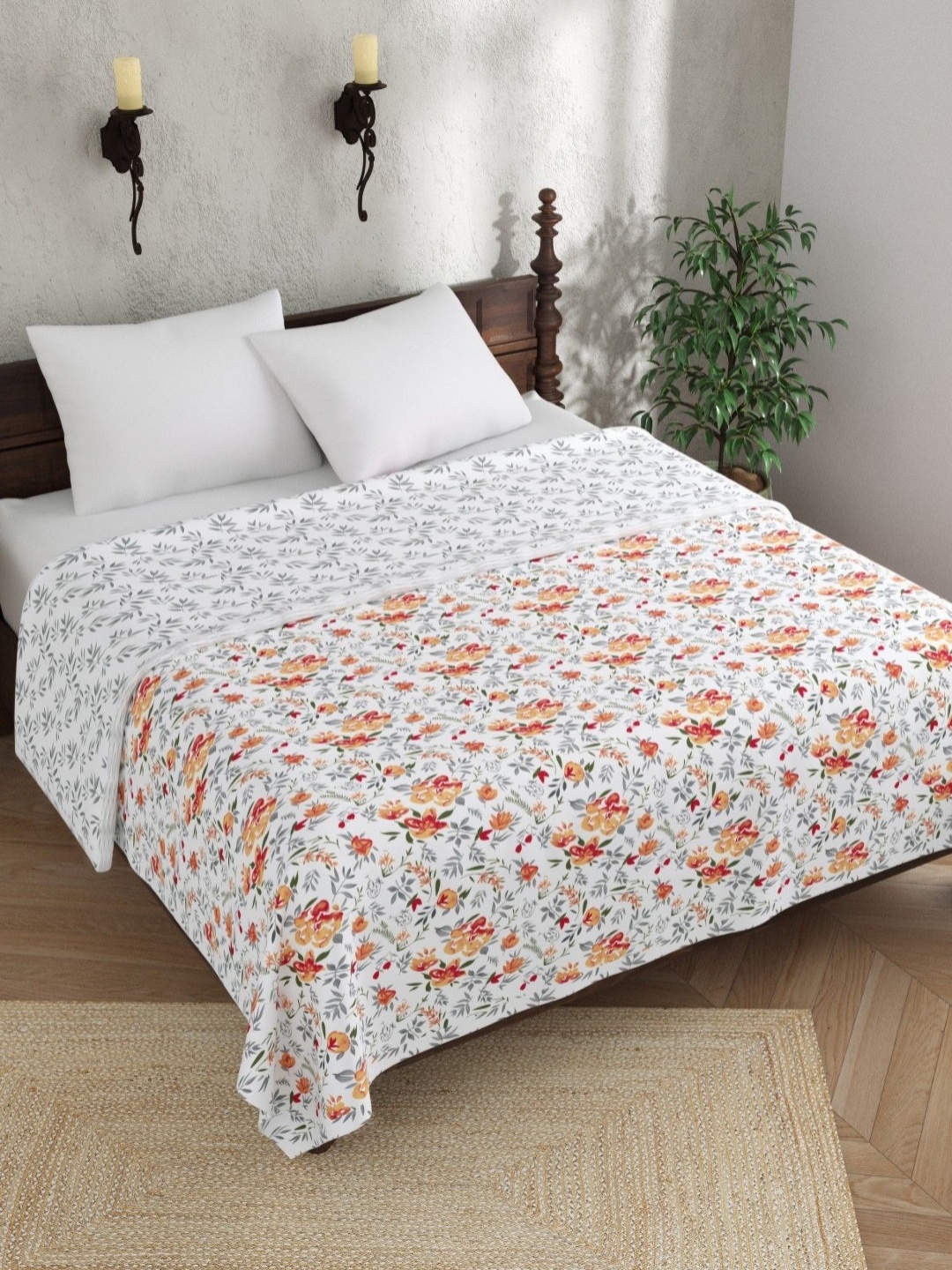 

Salona Bichona White & Grey Floral AC Room Double Bed Dohar