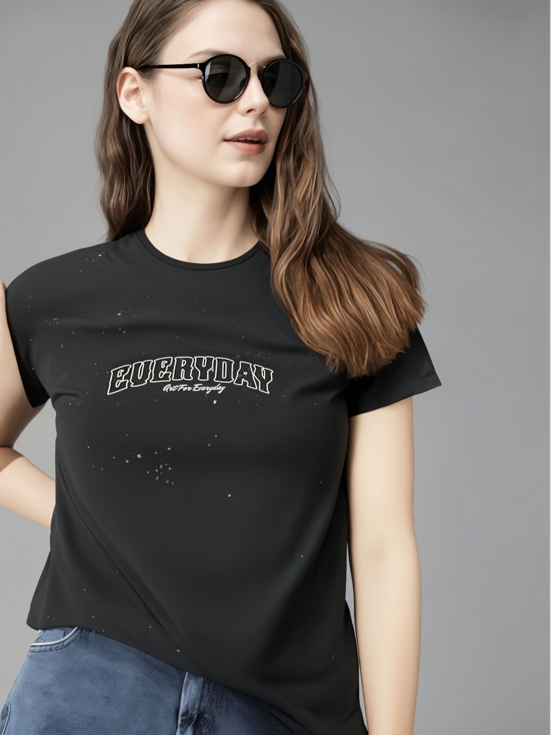 

DressBerry Women Printed Extended Sleeves Pockets T-shirt, Black