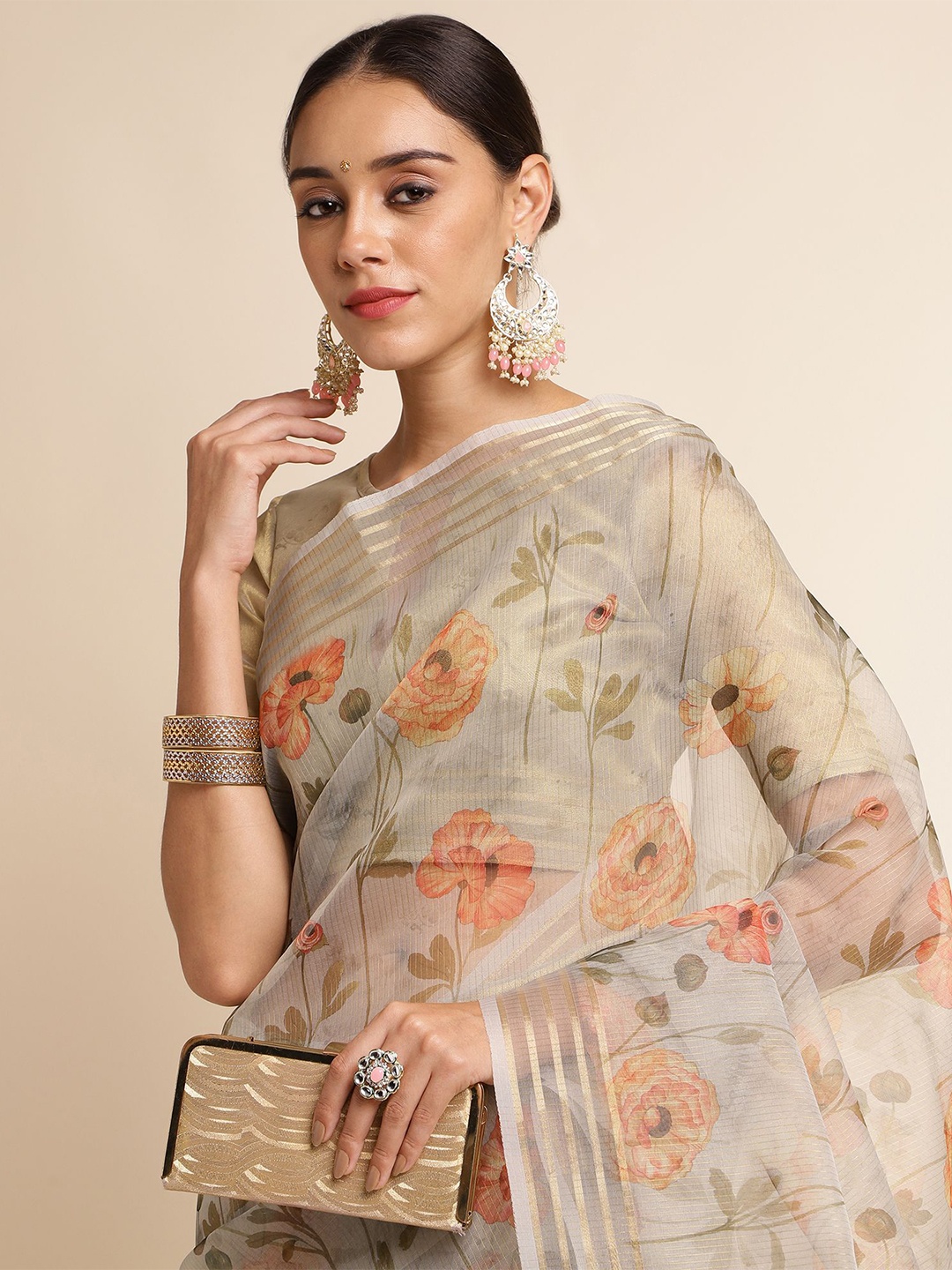 

DIVASTRI Floral Linen Blend Saree, Grey