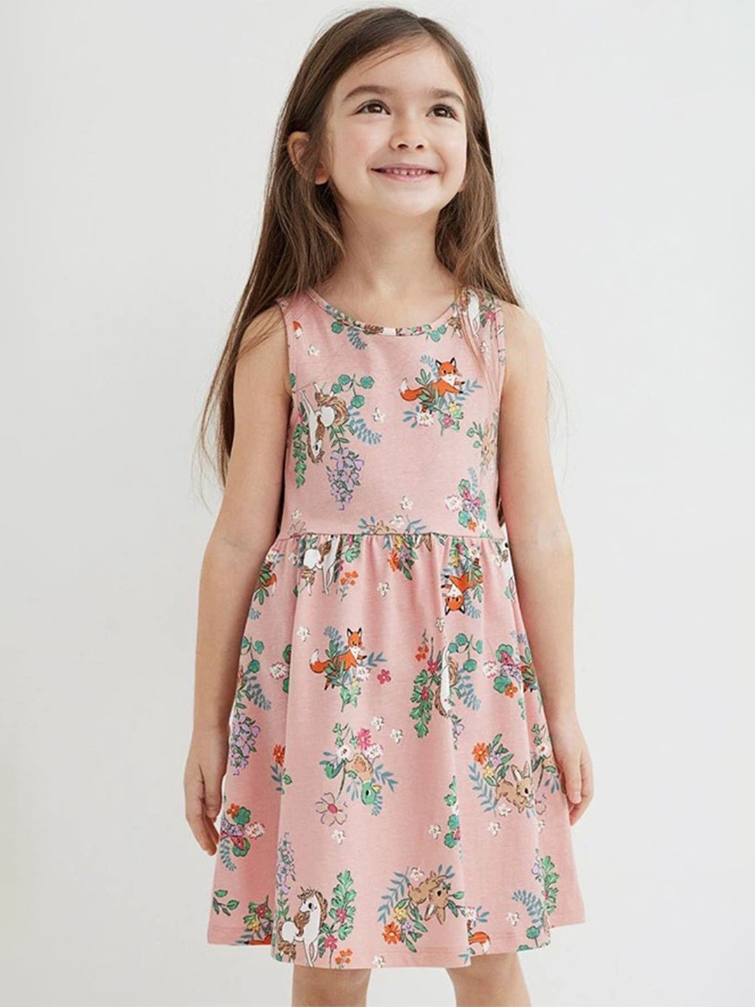 

LULU & SKY Girls Floral Printed Round Neck Fit & Flare Knee Length Dress, Pink