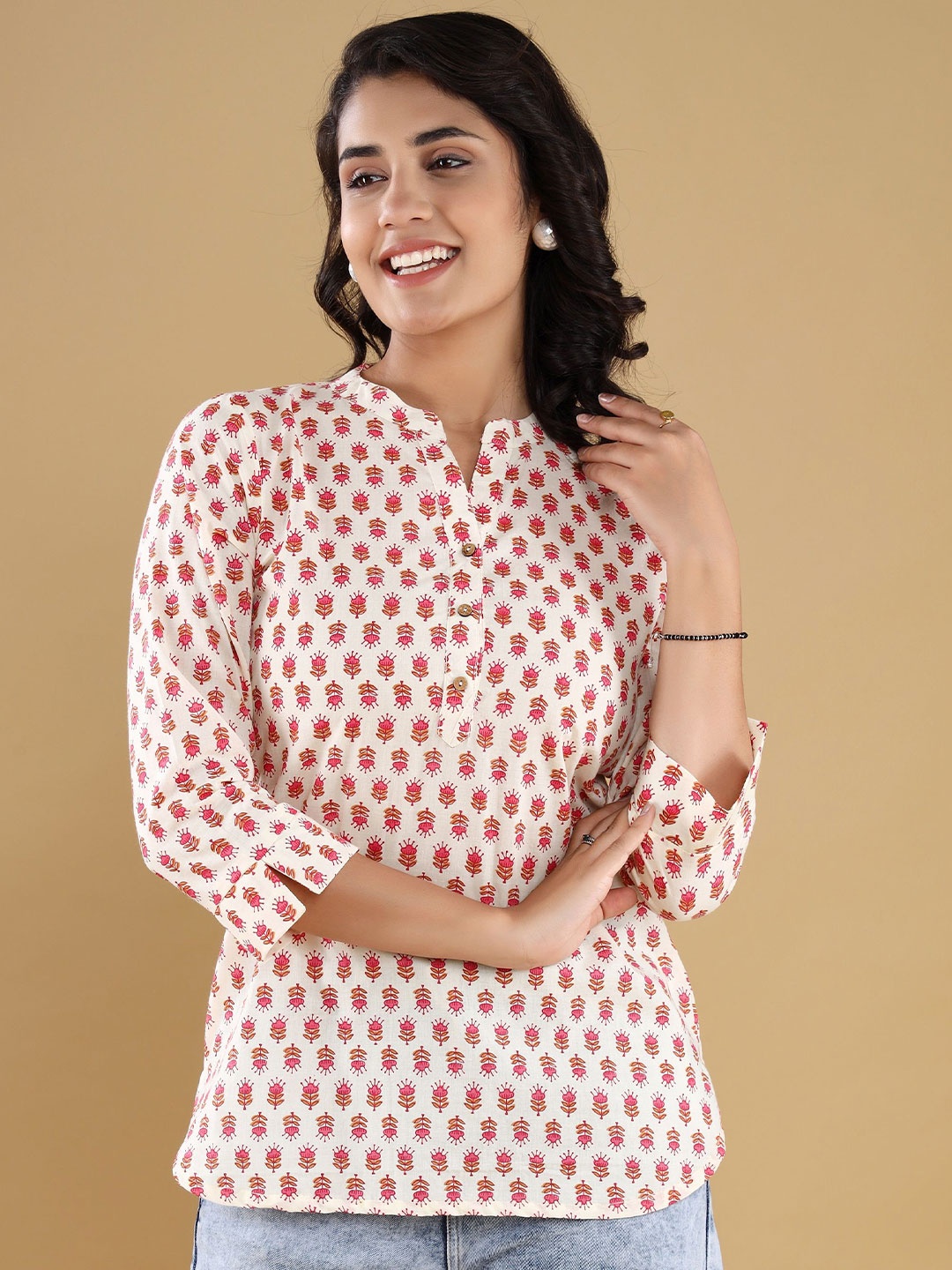 

Chandbaali Floral Print Mandarin Collar Cotton Top, Off white