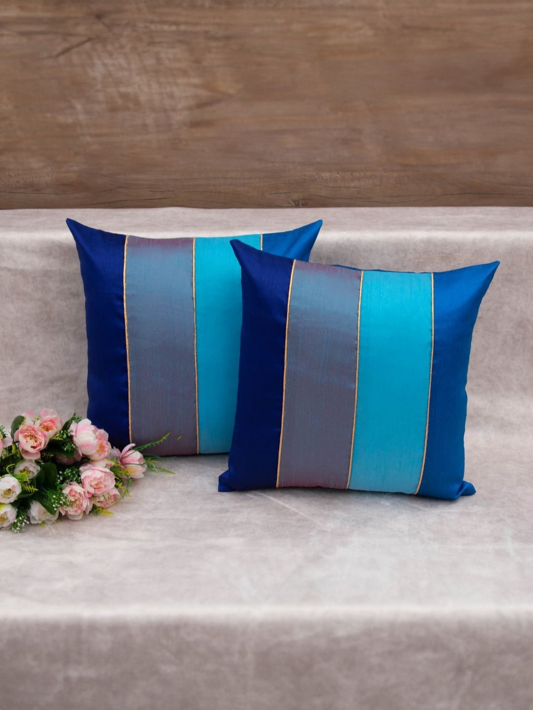 

RoyalDeco Royal Blue 2 Pieces Silk Striped Square Cushion Covers