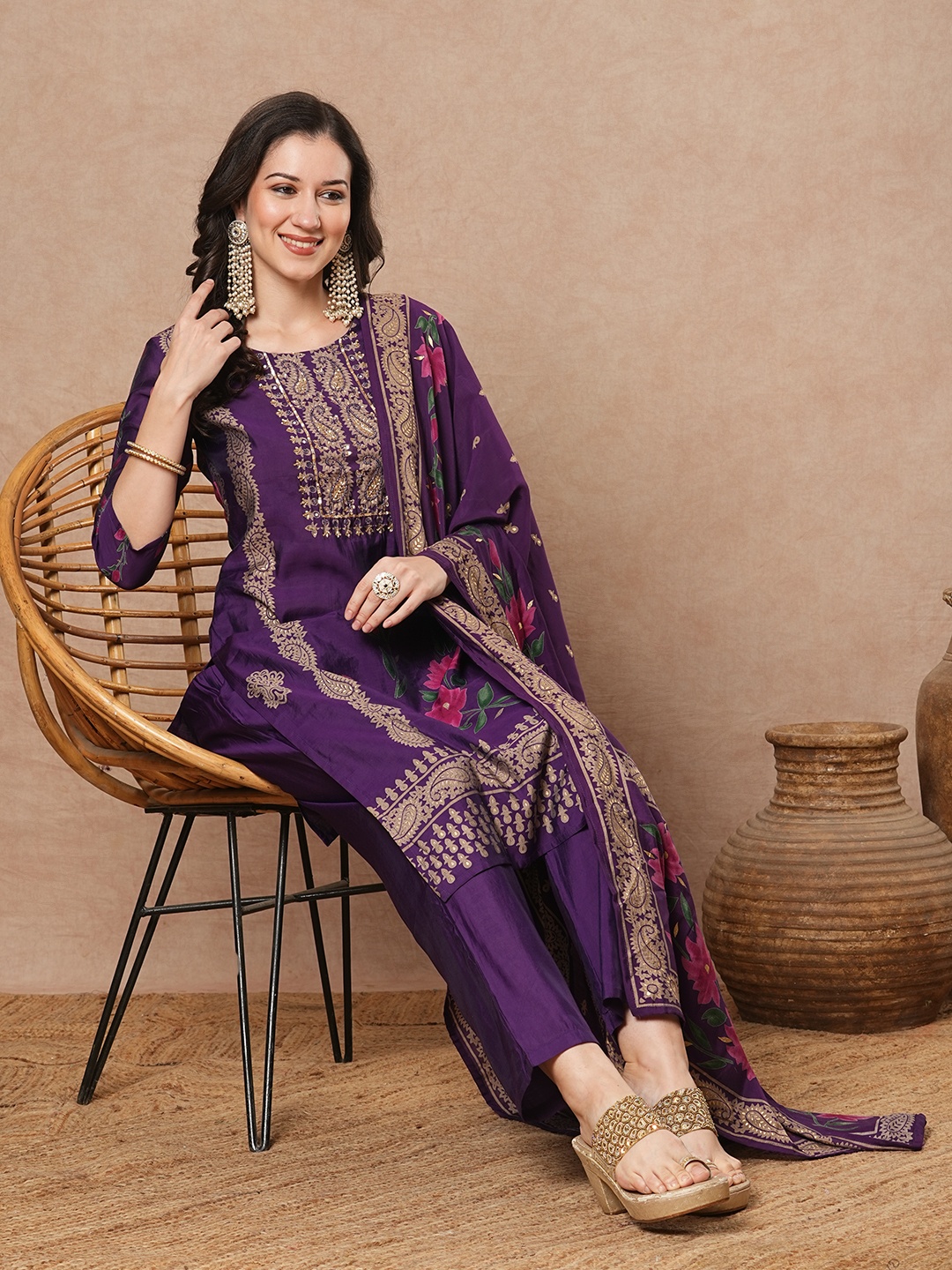 

FASHOR Women Ethnic Motifs Printed Regular Beads and Stones Kurta with Trousers & With Dupatta, Purple