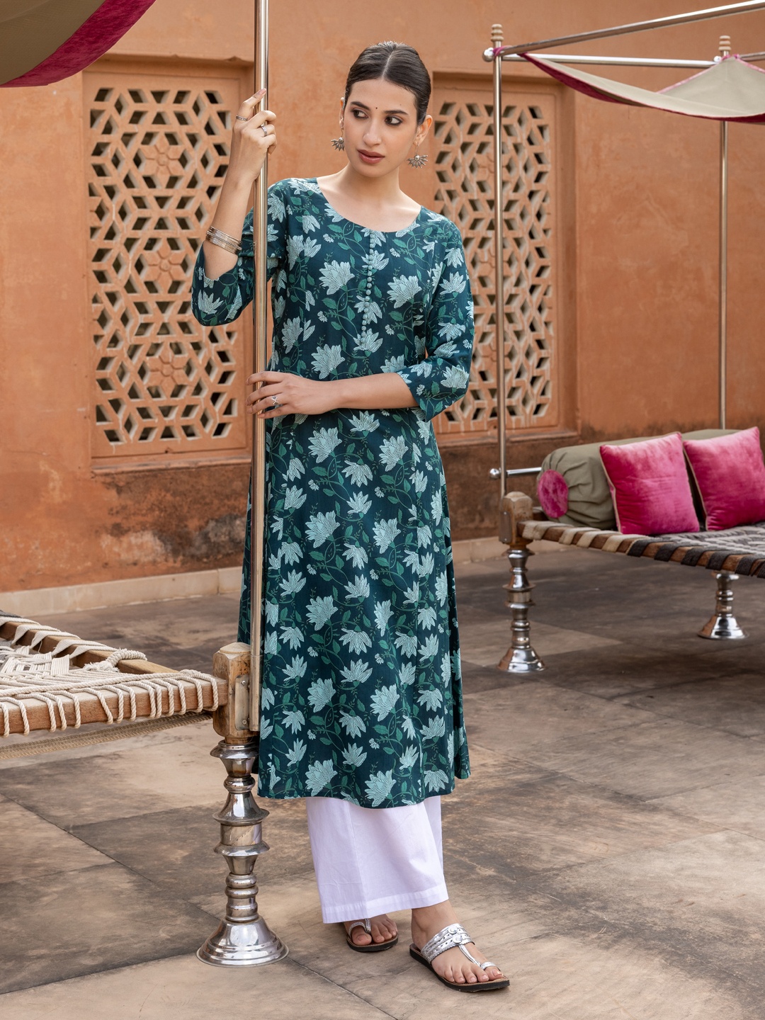 

FIORRA Floral Printed Round Neck Three-Quarter Sleeves Cotton A-Line Kurta, Teal