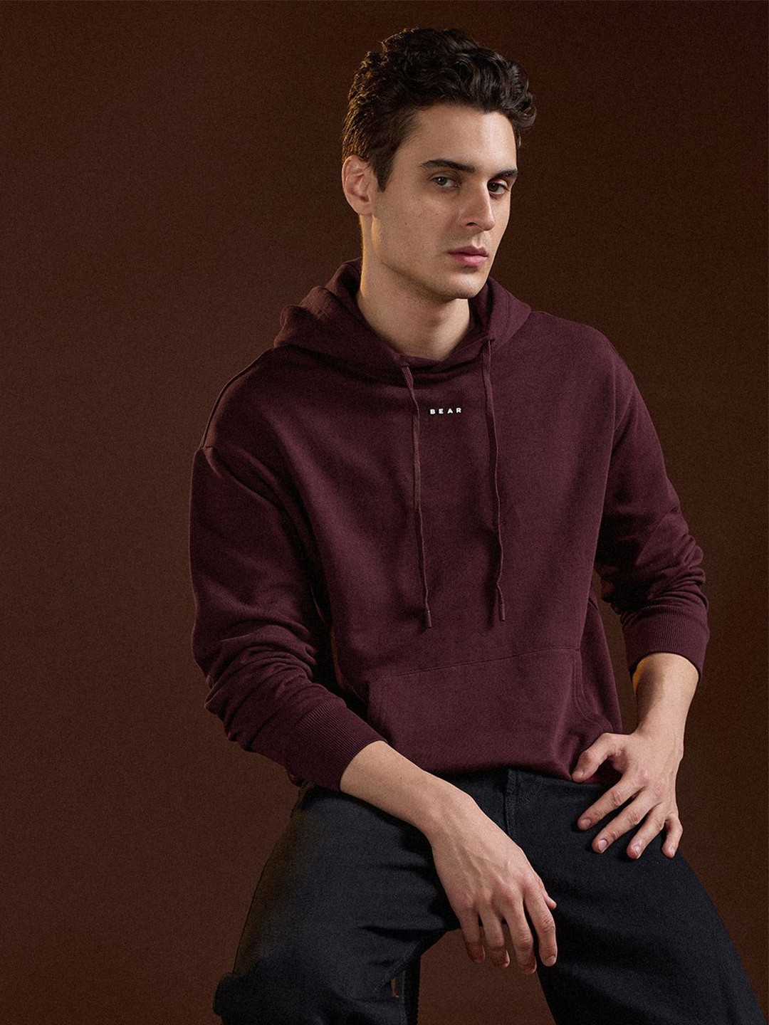 

THE BEAR HOUSE Men Pure Cotton Hooded Sweatshirt, Maroon