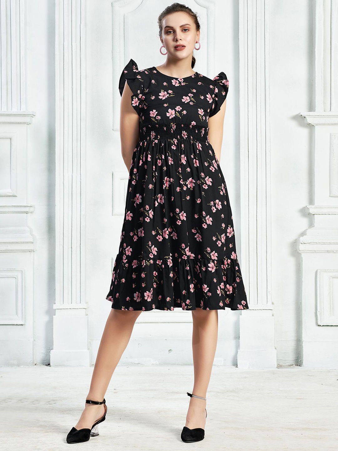 

Moda Rapido Floral Print Flared Sleeve Fit & Flare Midi Dress, Black