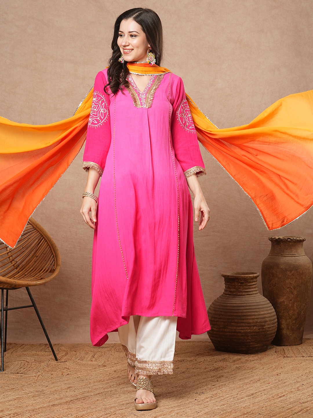 

FASHOR Women Ombre Dyed Regular Mirror Work Pure Cotton Kurta with Palazzos & With Dupatta, Pink