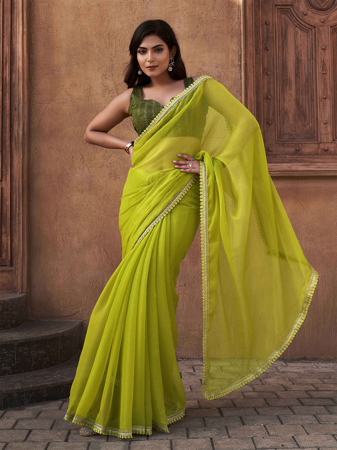 

Tikhi Imli Poly Chiffon Designer Saree, Lime green